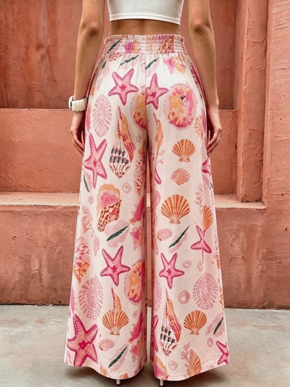 Pink Boho Women's High Waist Wide Leg Starfish Print Trousers - Picture 2 of 7
